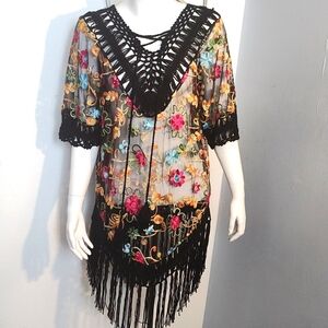 Bikini Sut Cover. Black  FloralEmbroidered Black Beach Tunic